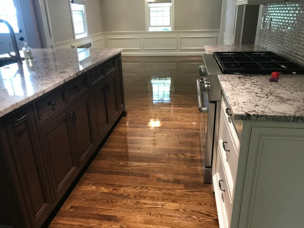 Kitchen with island and dark cabinets