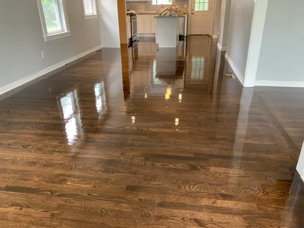 Deep espresso stained hardwood in open space