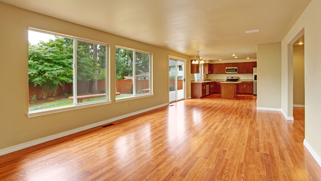 Kitchen with red cabinets and living space